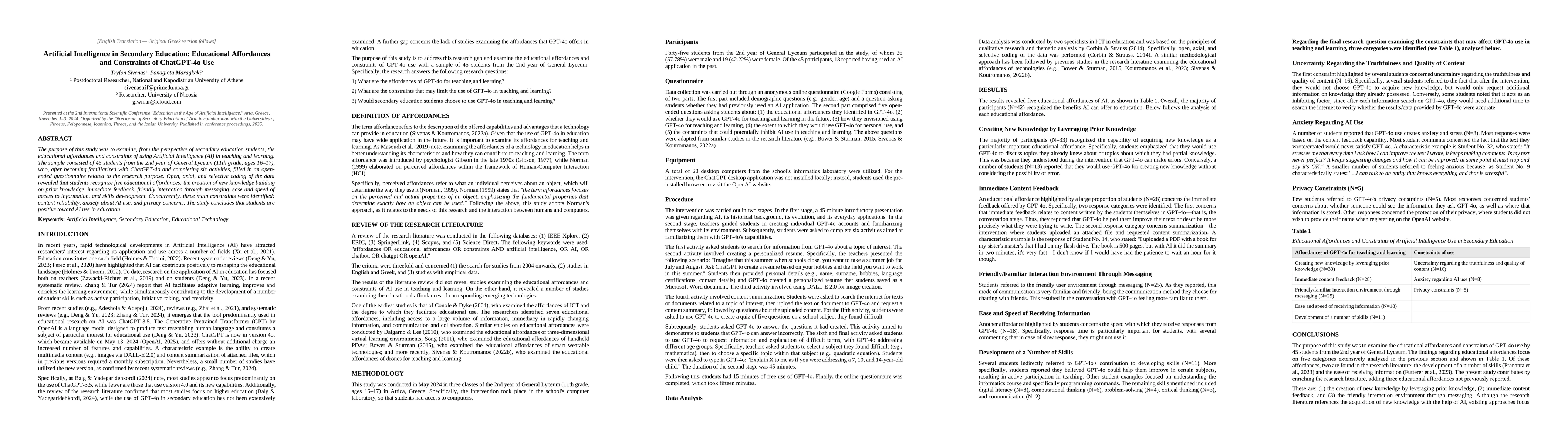 Thumbnail for Artificial Intelligence in Secondary Education: Educational Affordances and Constraints of ChatGPT-4o Use