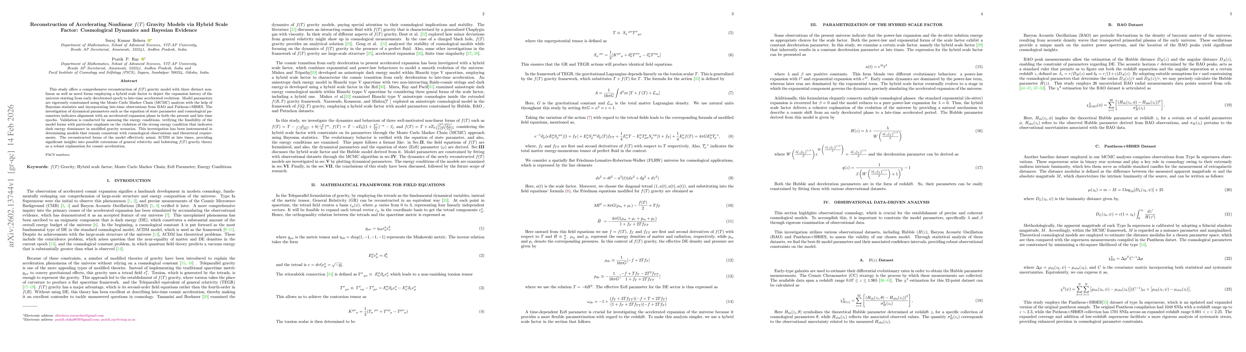 Thumbnail for Reconstruction of Accelerating Nonlinear $f(T)$ Gravity Models via Hybrid Scale Factor: Cosmological Dynamics and Bayesian Evidence