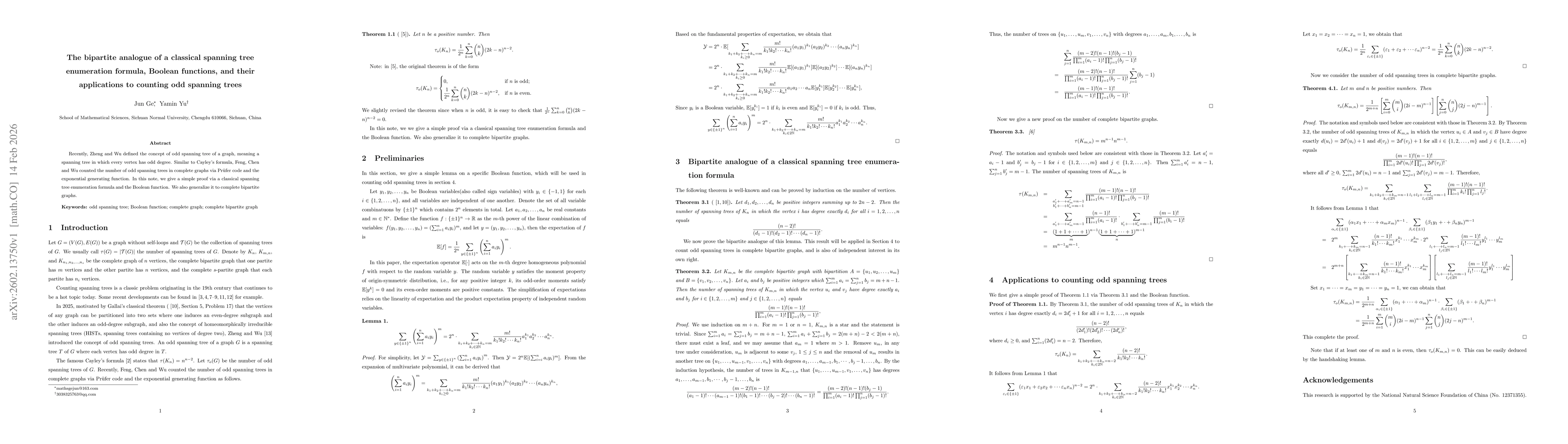 Thumbnail for The bipartite analogue of a classical spanning tree enumeration formula, Boolean functions, and their applications to counting odd spanning trees