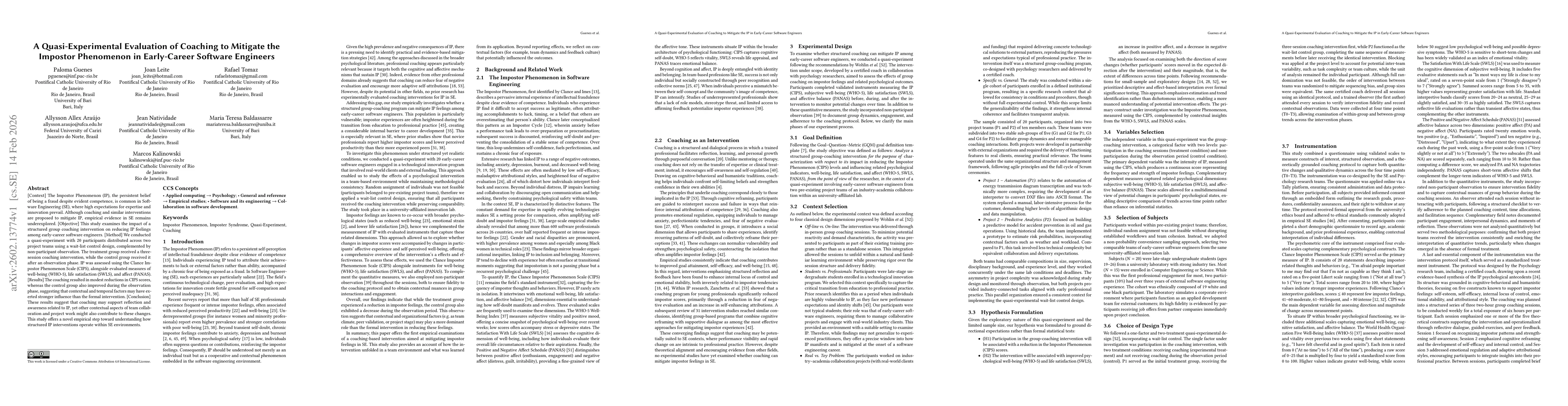Thumbnail for A Quasi-Experimental Evaluation of Coaching to Mitigate the Impostor Phenomenon in Early-Career Software Engineers
