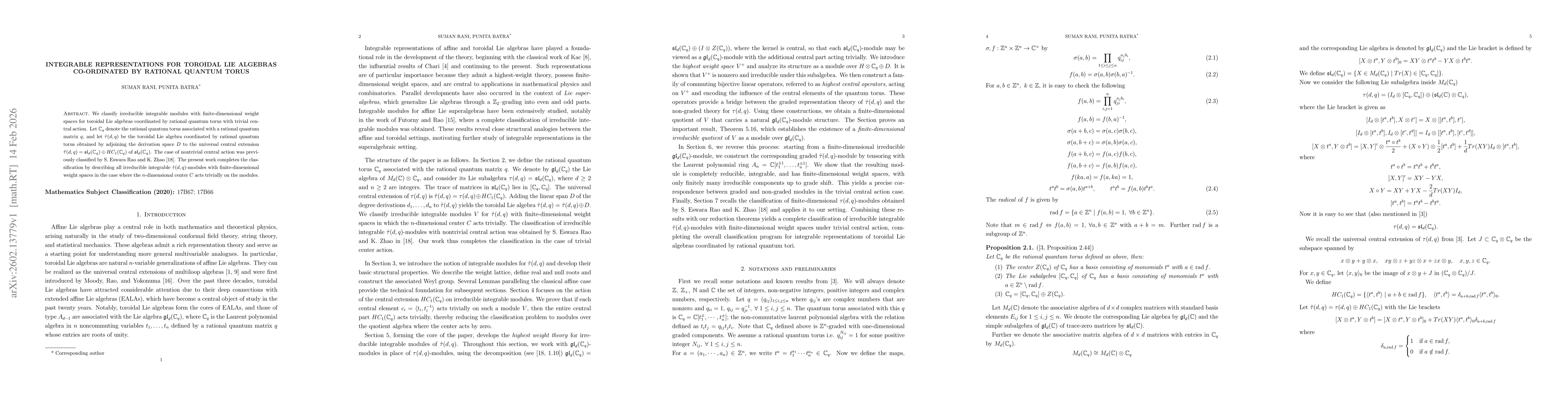 Thumbnail for Integrable Representations for Toroidal Lie Algebras Co-ordinated by Rational Quantum Torus