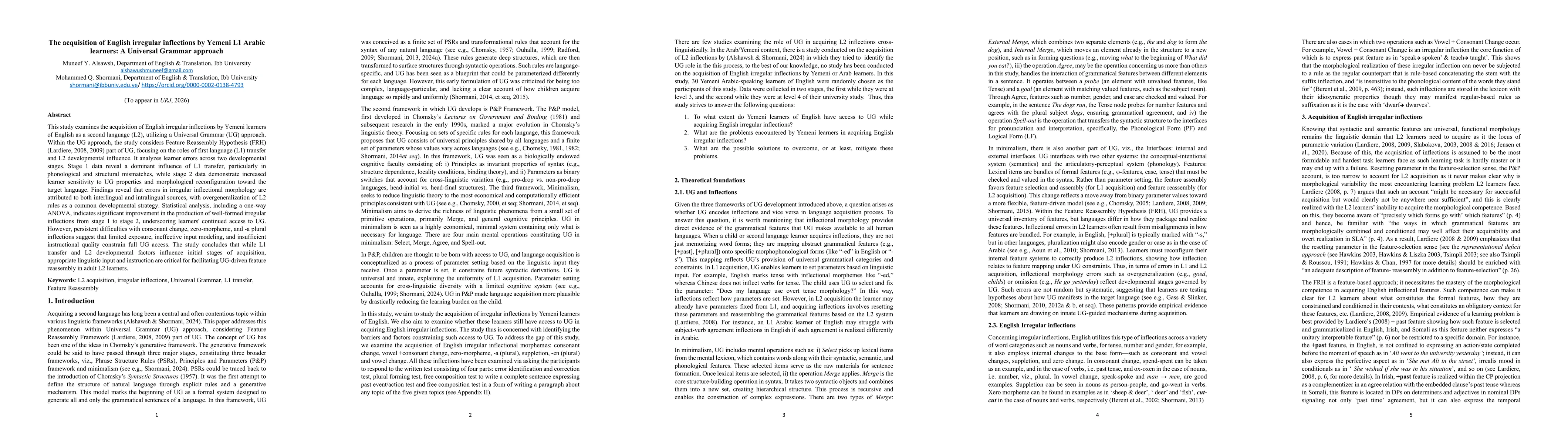 Thumbnail for The acquisition of English irregular inflections by Yemeni L1 Arabic learners: A Universal Grammar approach