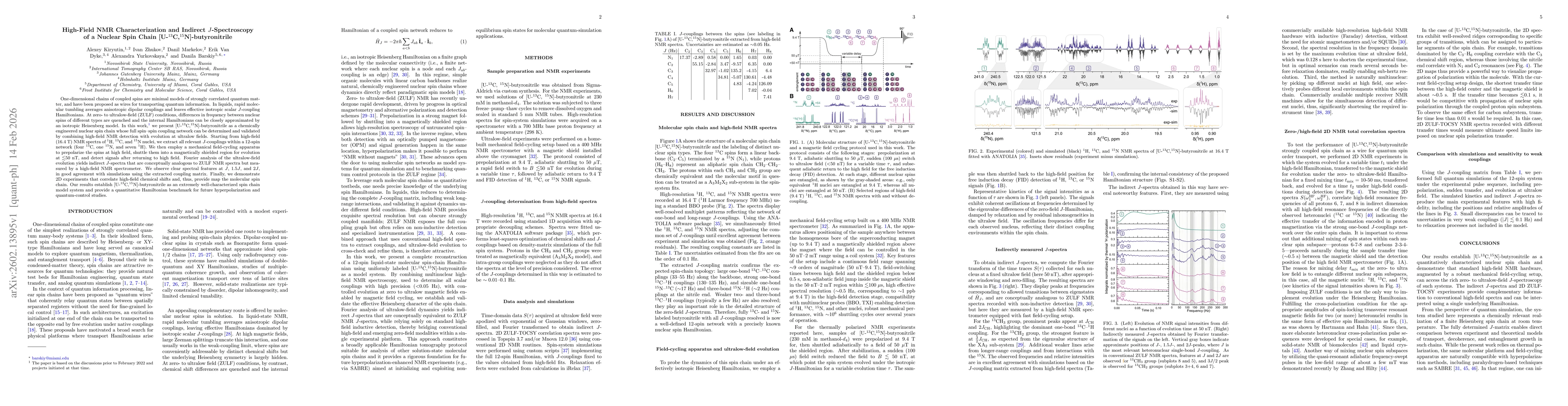 Thumbnail for High-Field NMR Characterization and Indirect $J$-Spectroscopy of a Nuclear Spin Chain [U-$^{13}$C,$^{15}$N]-butyronitrile