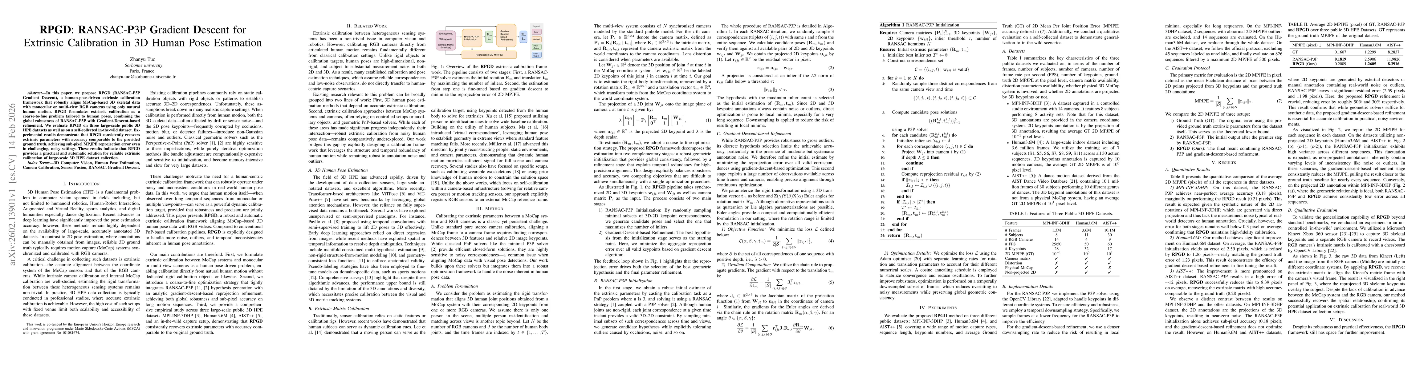 Thumbnail for RPGD: RANSAC-P3P Gradient Descent for Extrinsic Calibration in 3D Human Pose Estimation