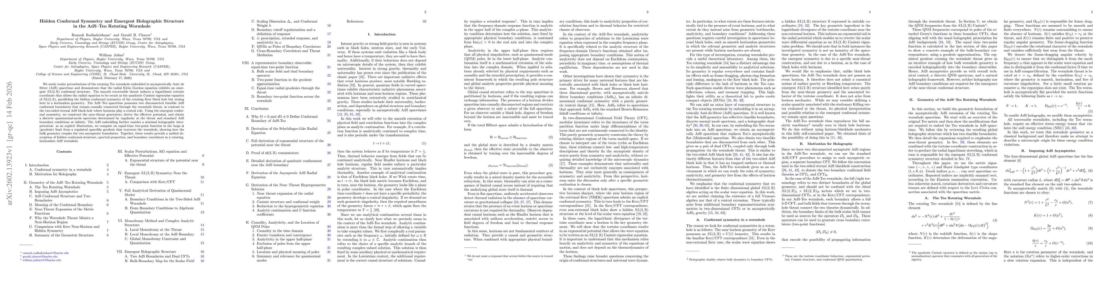 Thumbnail for Hidden Conformal Symmetry and Emergent Holographic Structure in the AdS Teo Rotating Wormhole