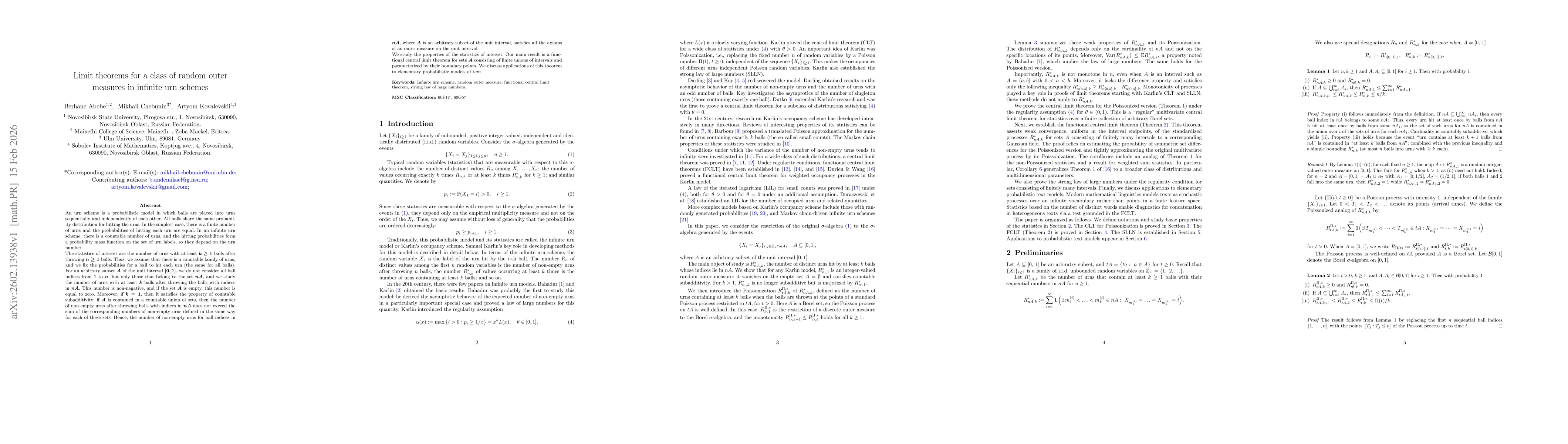 Thumbnail for Limit theorems for a class of random outer measures in infinite urn schemes