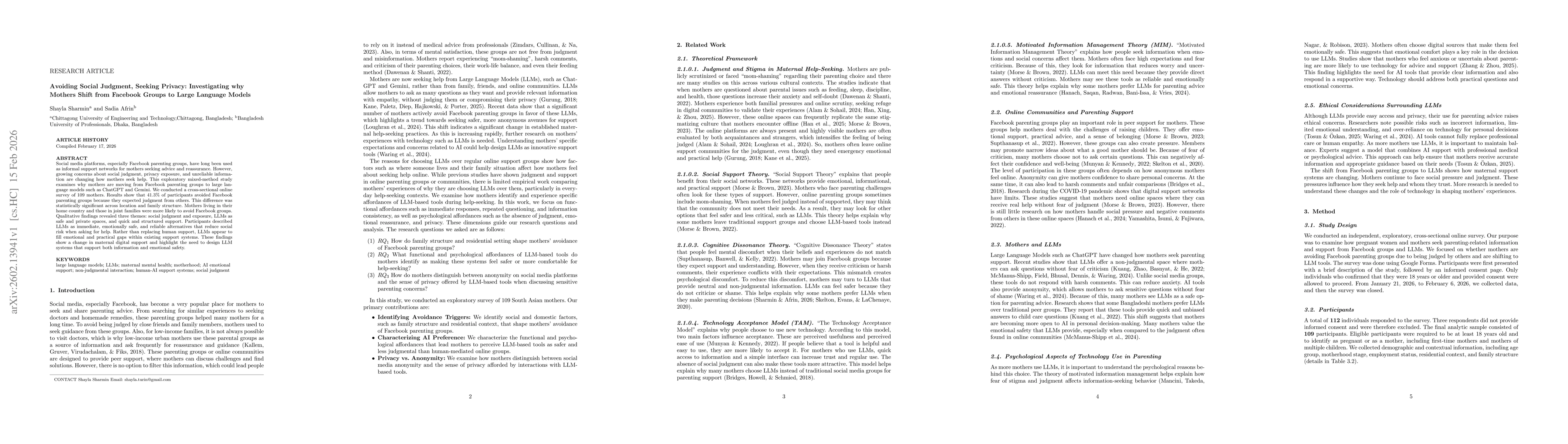 Thumbnail for Avoiding Social Judgment, Seeking Privacy: Investigating why Mothers Shift from Facebook Groups to Large Language Models