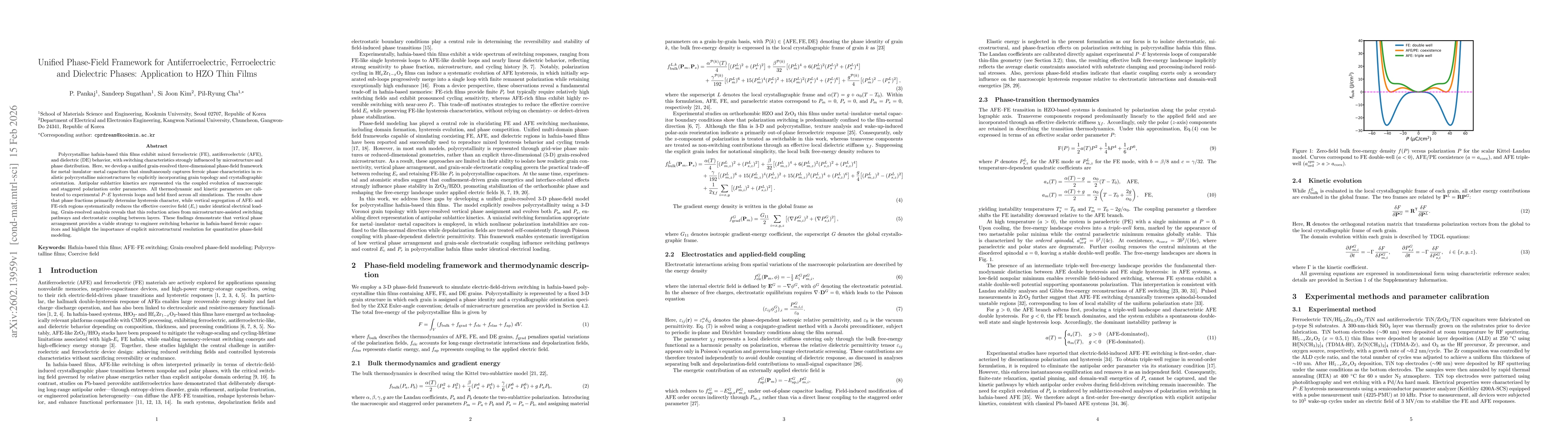 Thumbnail for Unified Phase-Field Framework for Antiferroelectric, Ferroelectric and Dielectric Phases: Application to HZO Thin Films