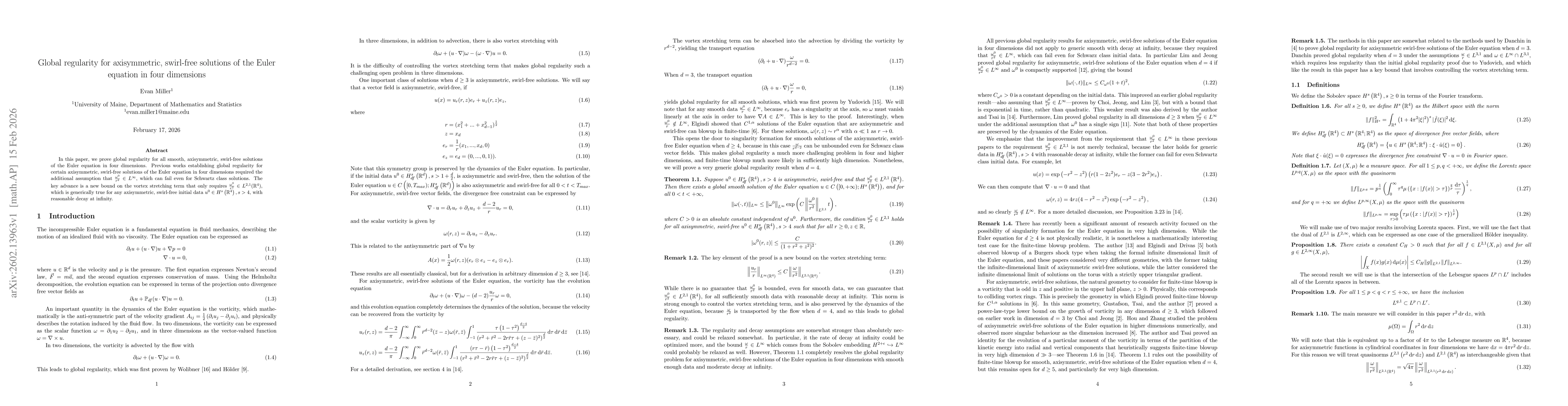 Thumbnail for Global regularity for axisymmetric, swirl-free solutions of the Euler equation in four dimensions