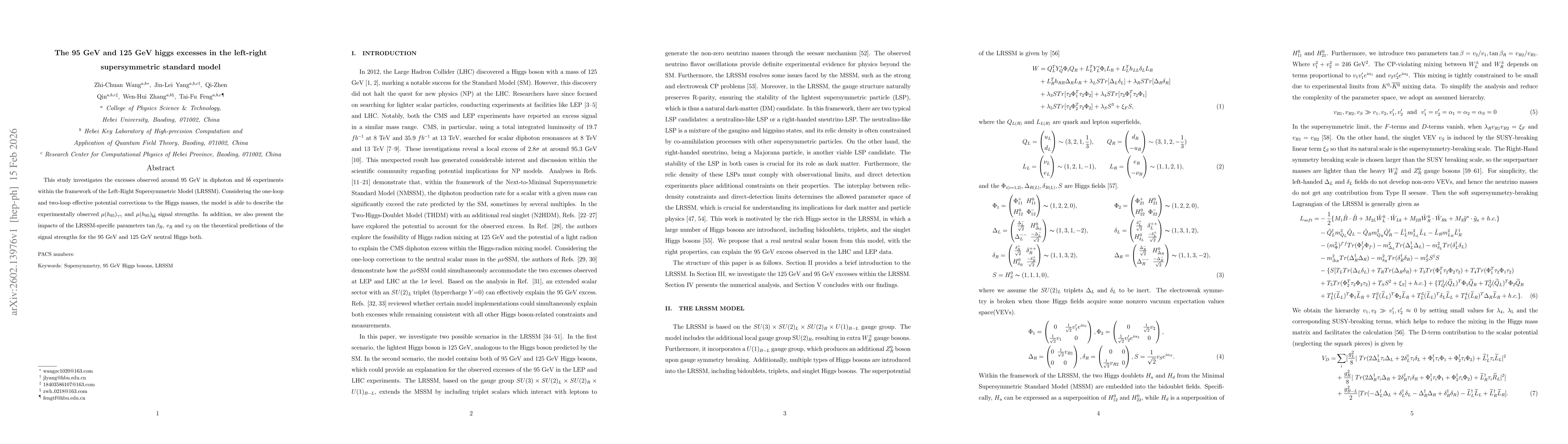 Thumbnail for The 95 GeV and 125 GeV Higgs Excesses in the Left-Right Supersymmetric Standard Model
