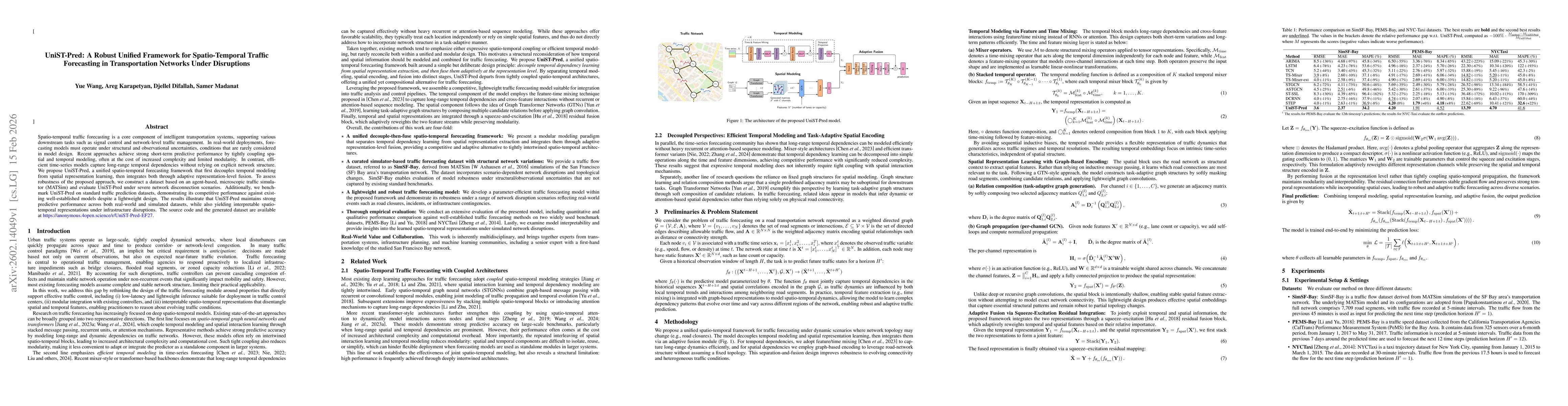 Thumbnail for UniST-Pred: A Robust Unified Framework for Spatio-Temporal Traffic Forecasting in Transportation Networks Under Disruptions