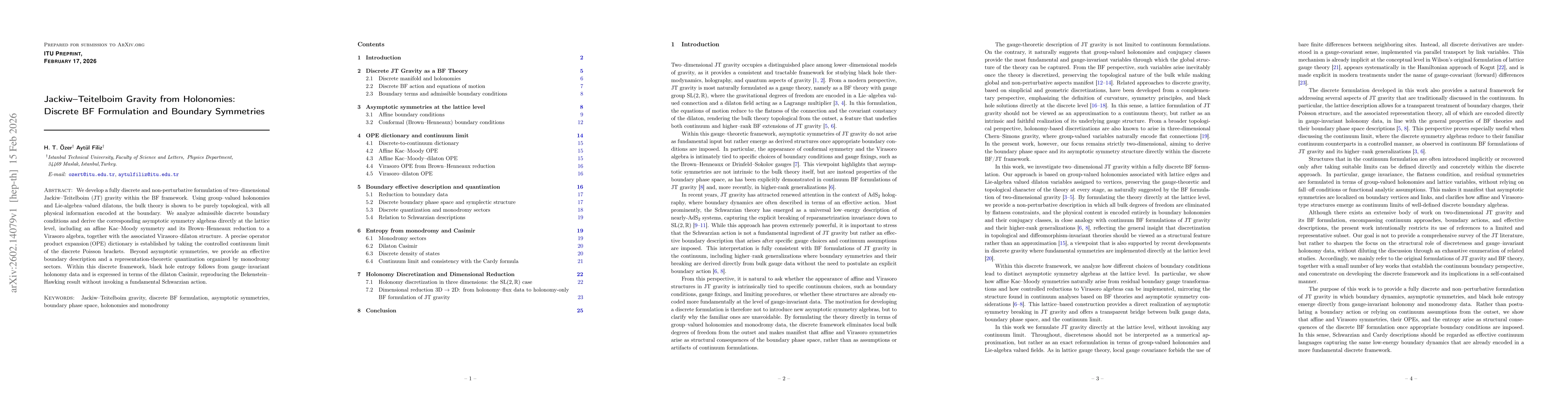 Thumbnail for Jackiw-Teitelboim Gravity from Holonomies: Discrete BF Formulation and Boundary Symmetries