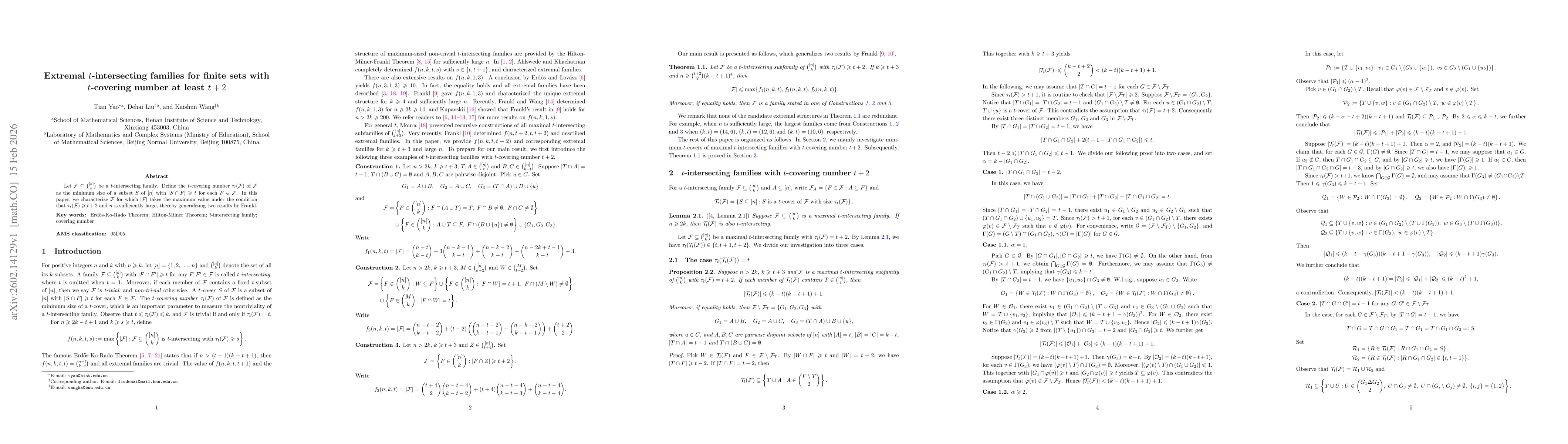 Thumbnail for Extremal $t$-intersecting families for finite sets with $t$-covering number at least $t+2$