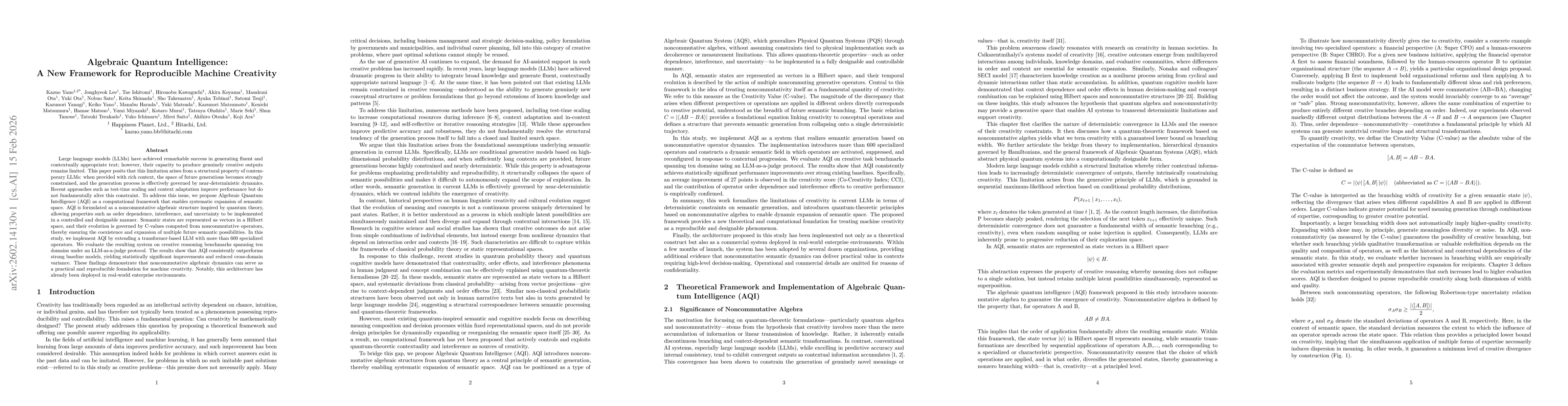 Thumbnail for Algebraic Quantum Intelligence: A New Framework for Reproducible Machine Creativity