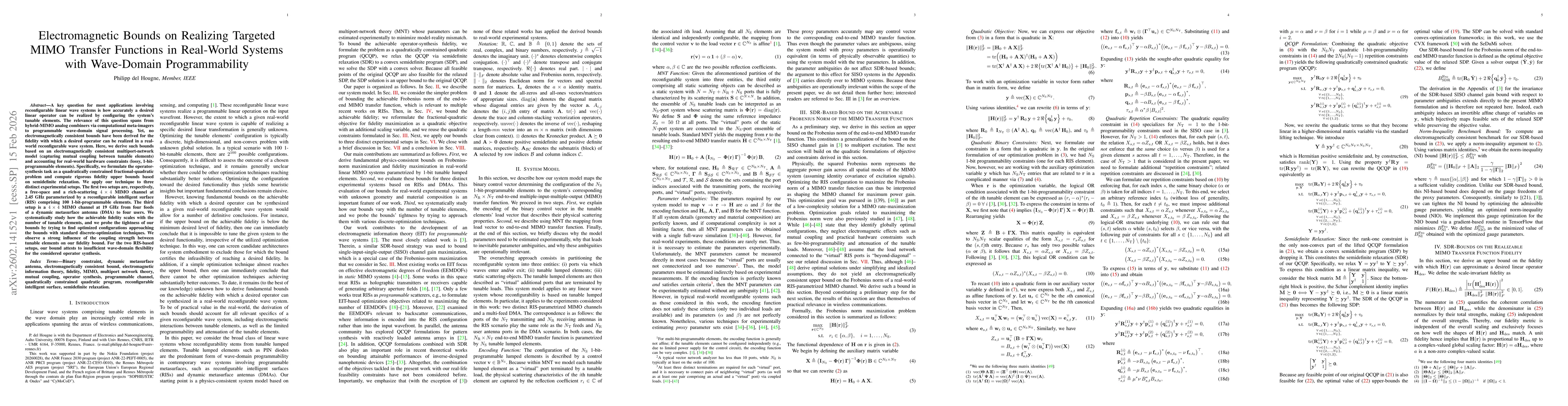 Thumbnail for Electromagnetic Bounds on Realizing Targeted MIMO Transfer Functions in Real-World Systems with Wave-Domain Programmability