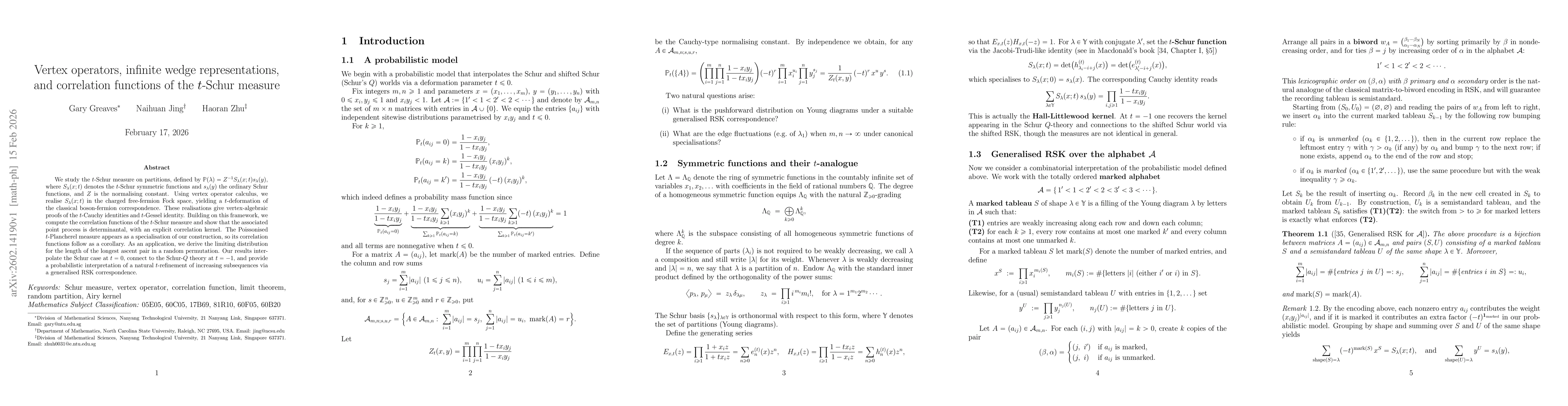 Thumbnail for Vertex operators, infinite wedge representations, and correlation functions of the t-Schur measure