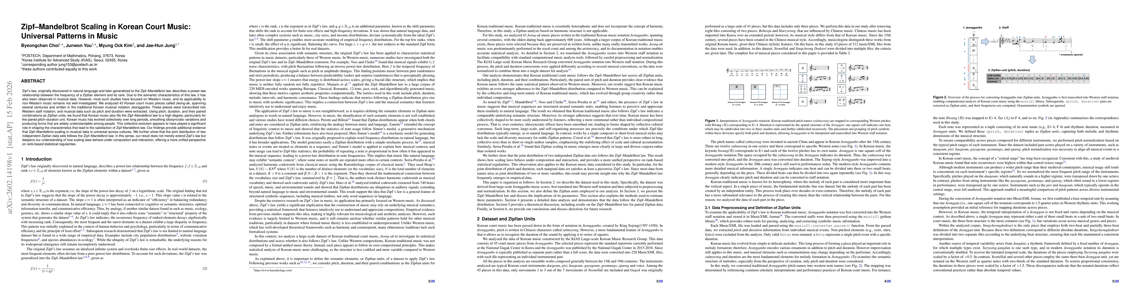 Thumbnail for Zipf-Mandelbrot Scaling in Korean Court Music: Universal Patterns in Music