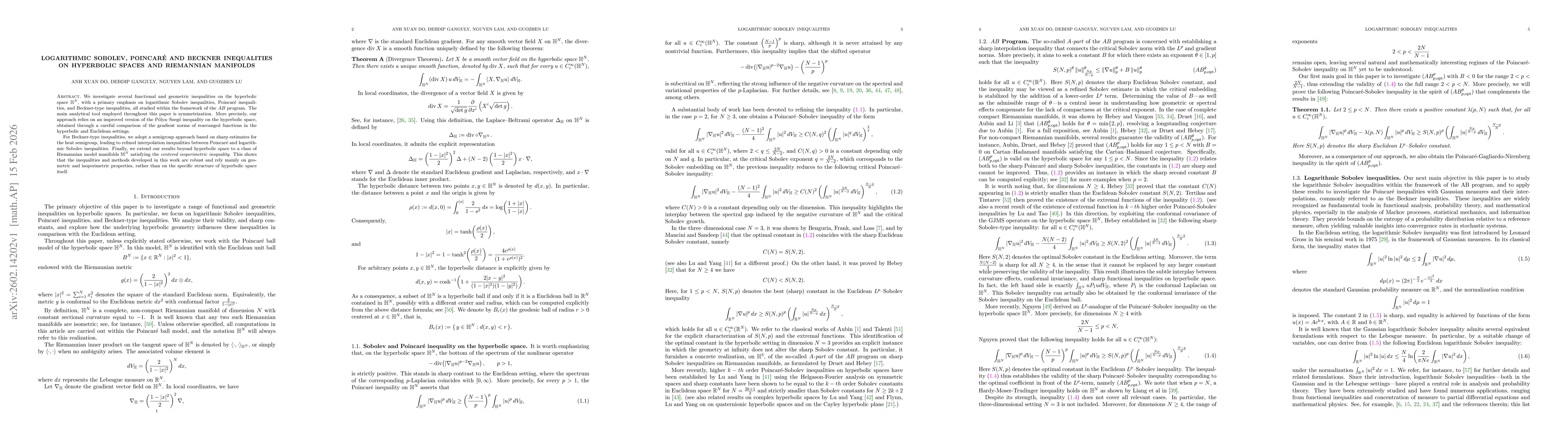 Thumbnail for Logarithmic Sobolev, Poincaré and Beckner Inequalities on Hyperbolic Spaces and Riemannian Manifolds
