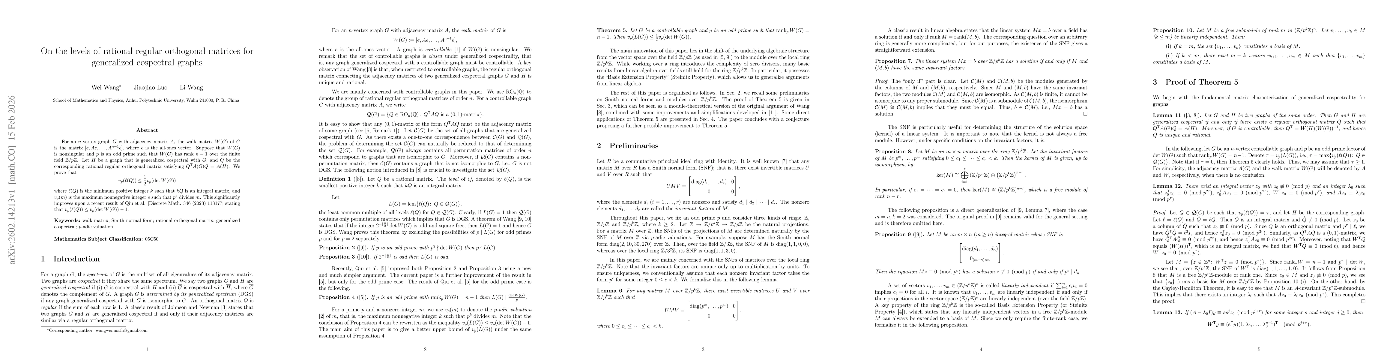 Thumbnail for On the levels of rational regular orthogonal matrices for generalized cospectral graphs