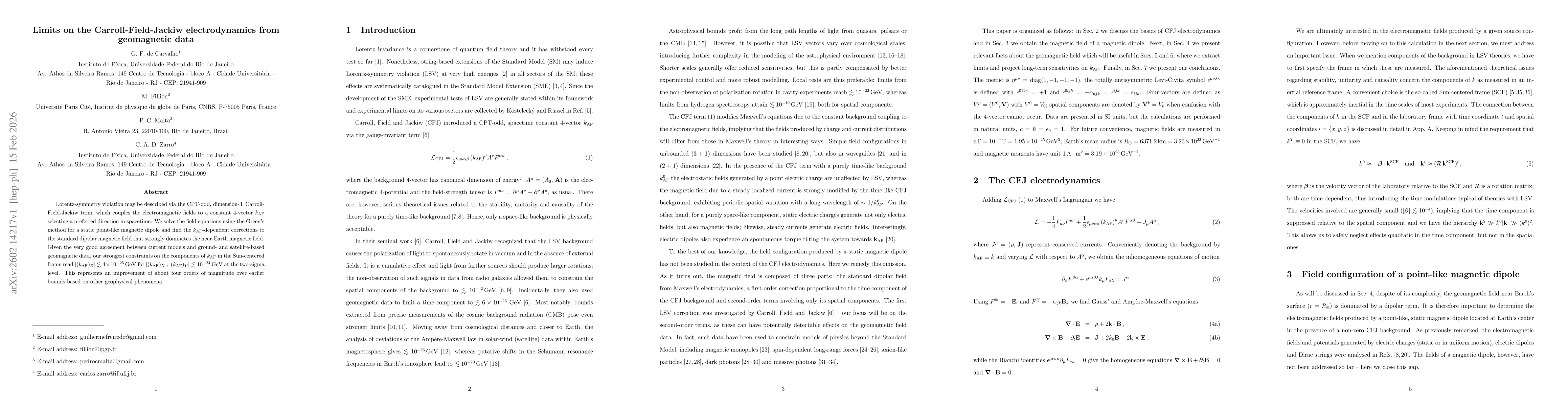 Thumbnail for Limits on the Carroll-Field-Jackiw electrodynamics from geomagnetic data