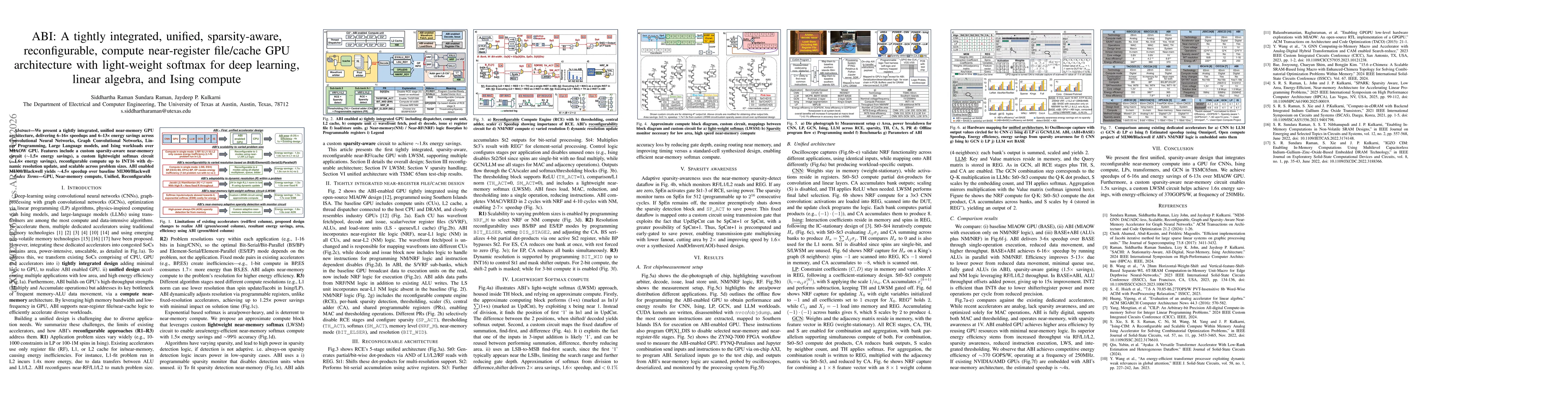 Thumbnail for ABI: A tightly integrated, unified, sparsity-aware, reconfigurable, compute near-register file/cache GPU architecture with light-weight softmax for deep learning, linear algebra, and Ising compute