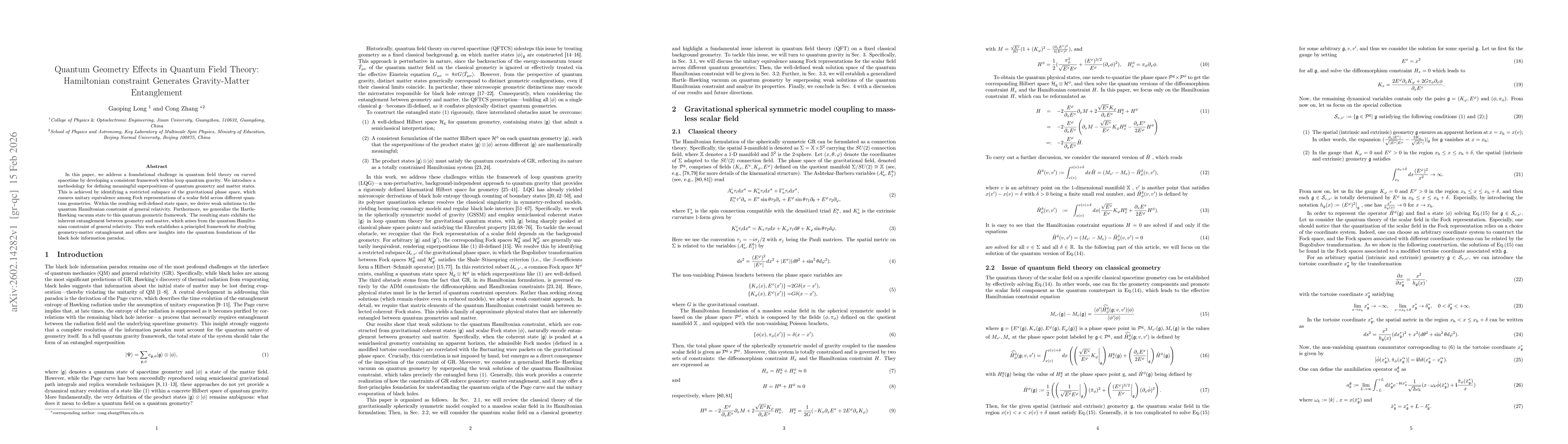 Thumbnail for Quantum Geometry Effects in Quantum Field Theory: Hamiltonian constraint Generates Gravity-Matter Entanglement
