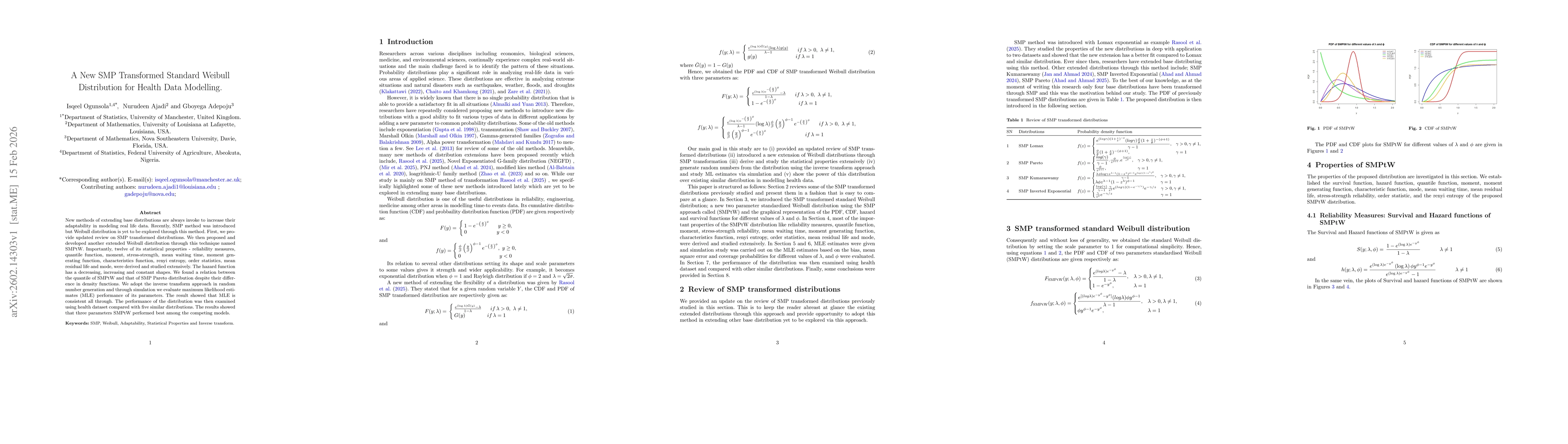 Thumbnail for A New SMP Transformed Standard Weibull Distribution for Health Data Modelling