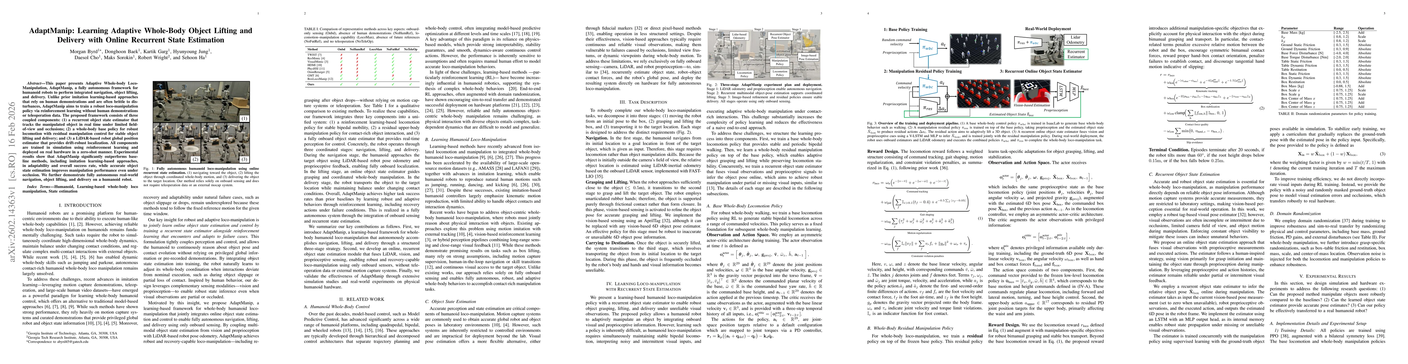 Thumbnail for AdaptManip: Learning Adaptive Whole-Body Object Lifting and Delivery with Online Recurrent State Estimation