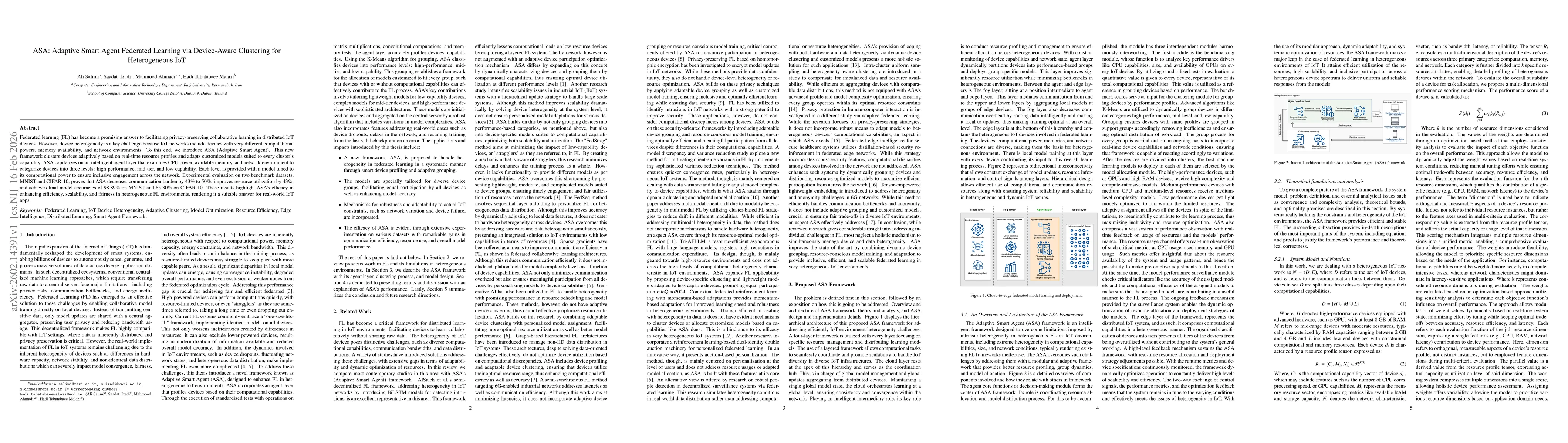 Thumbnail for ASA: Adaptive Smart Agent Federated Learning via Device-Aware Clustering for Heterogeneous IoT