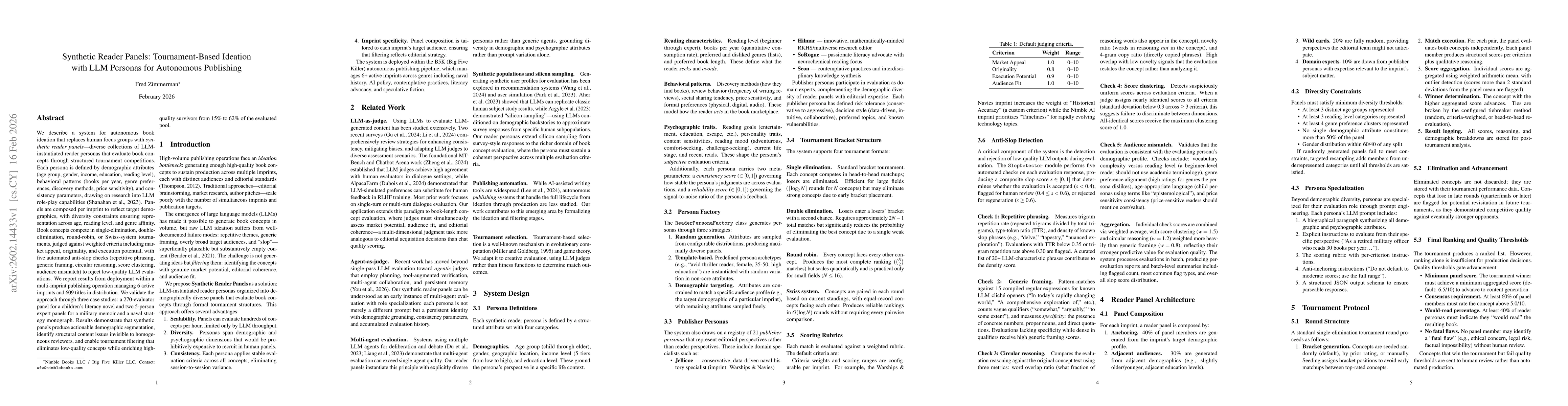 Thumbnail for Synthetic Reader Panels: Tournament-Based Ideation with LLM Personas for Autonomous Publishing