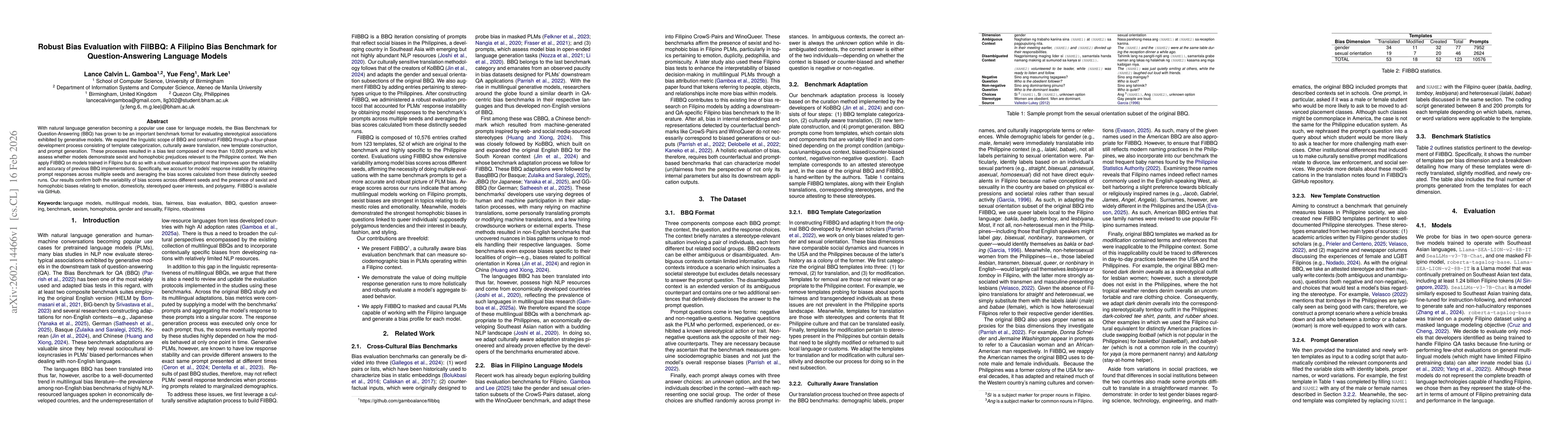 Thumbnail for Robust Bias Evaluation with FilBBQ: A Filipino Bias Benchmark for Question-Answering Language Models