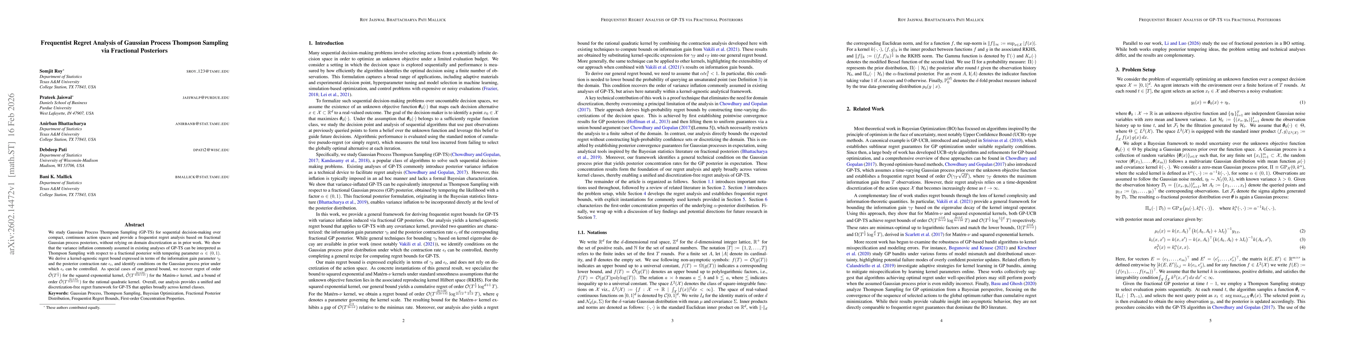 Thumbnail for Frequentist Regret Analysis of Gaussian Process Thompson Sampling via Fractional Posteriors