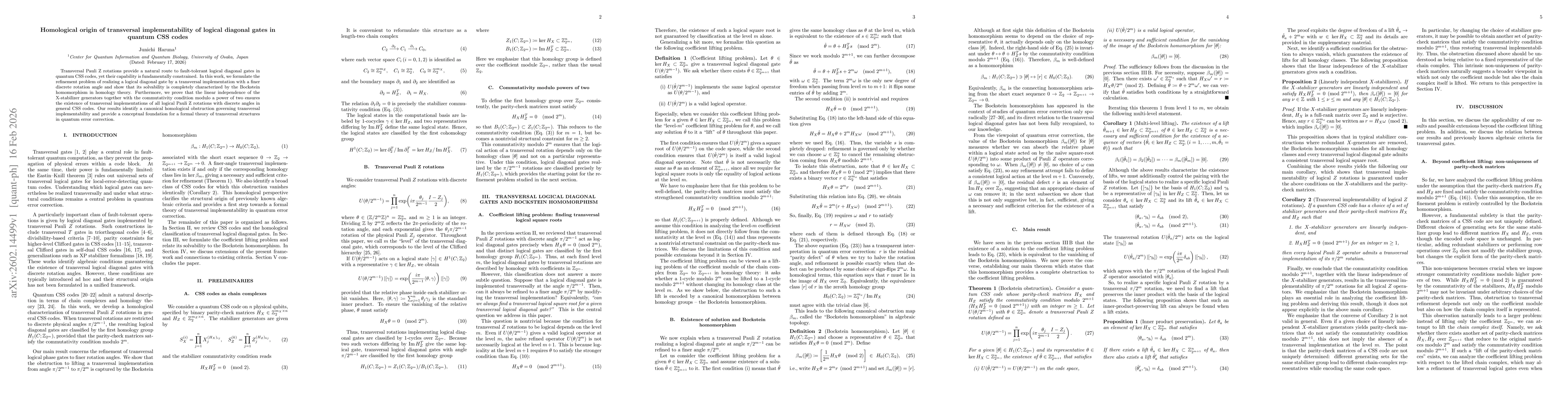 Thumbnail for Homological origin of transversal implementability of logical diagonal gates in quantum CSS codes