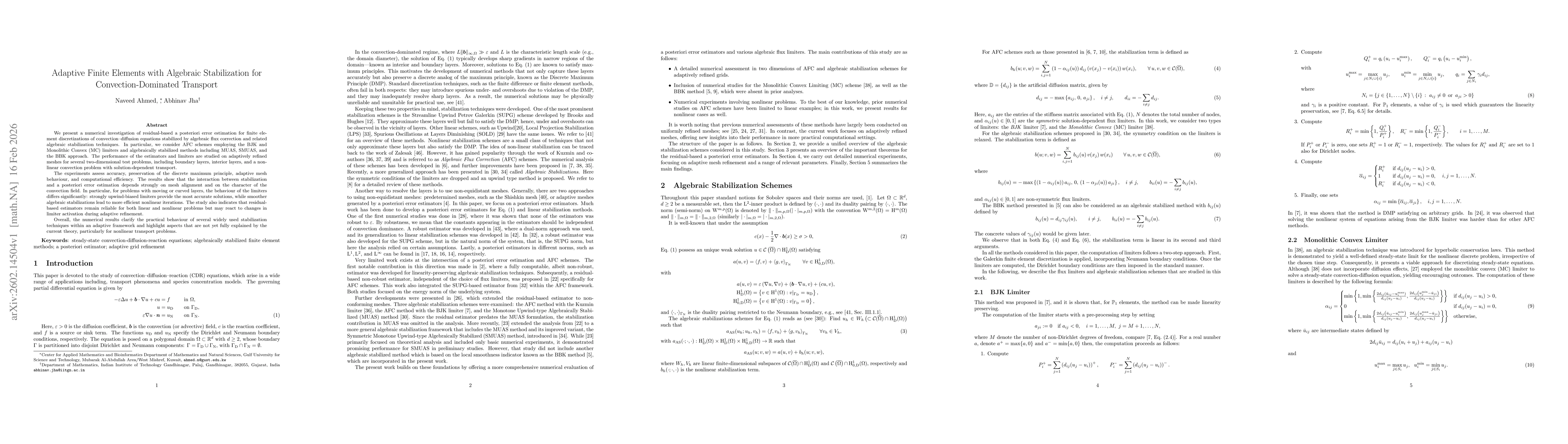 Thumbnail for Adaptive Finite Elements with Algebraic Stabilization for Convection-Dominated Transport