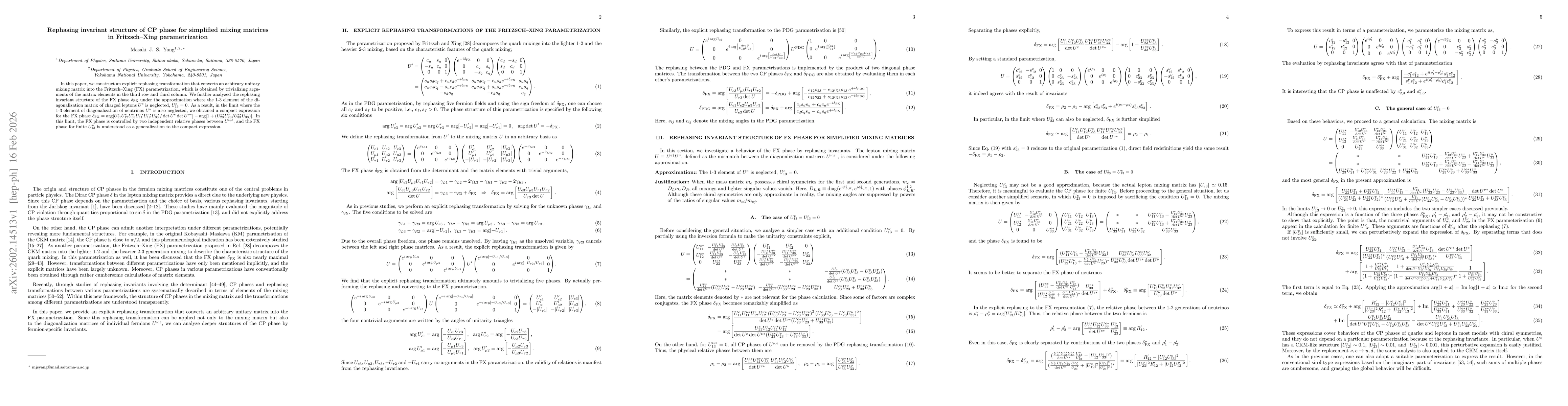 Thumbnail for Rephasing invariant structure of CP phase for simplified mixing matrices in Fritzsch--Xing parametrization