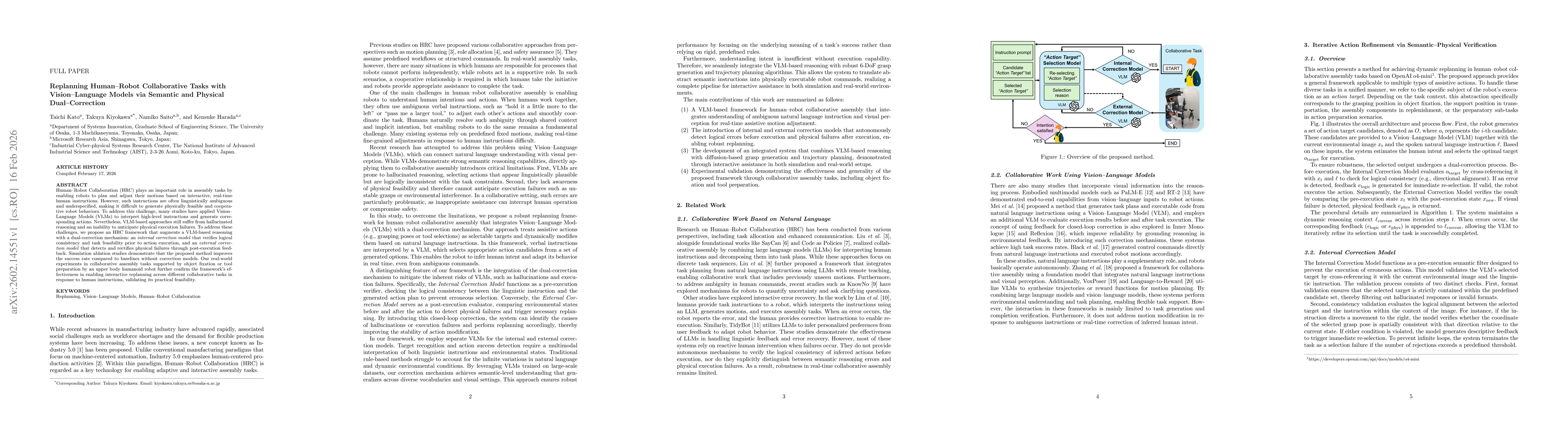 Thumbnail for Replanning Human-Robot Collaborative Tasks with Vision-Language Models via Semantic and Physical Dual-Correction
