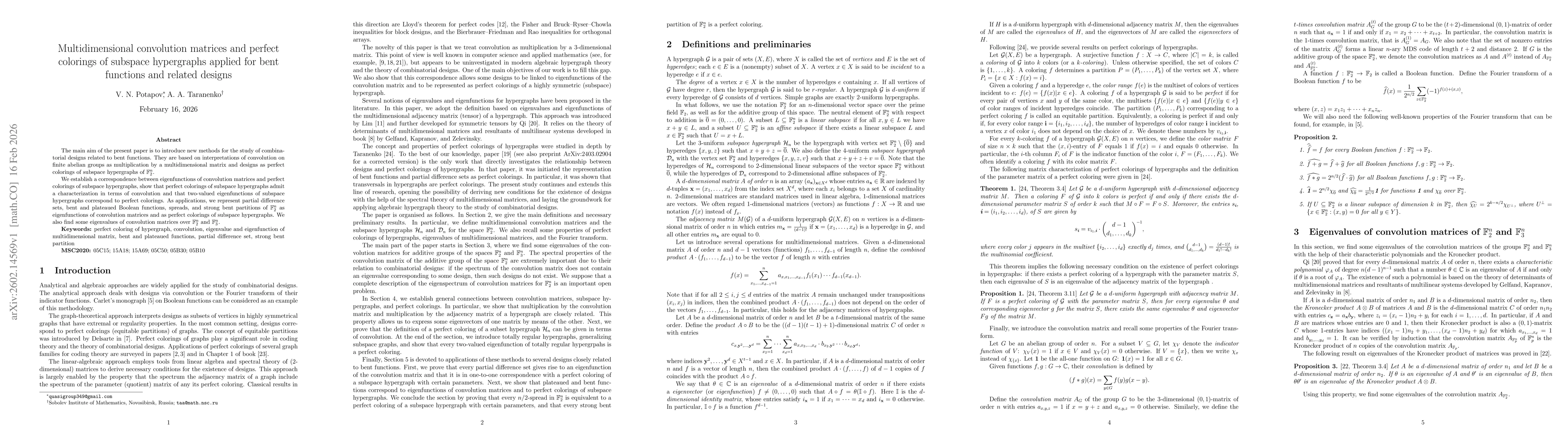 Thumbnail for Multidimensional convolution matrices and perfect colorings of subspace hypergraphs applied for bent functions and related designs