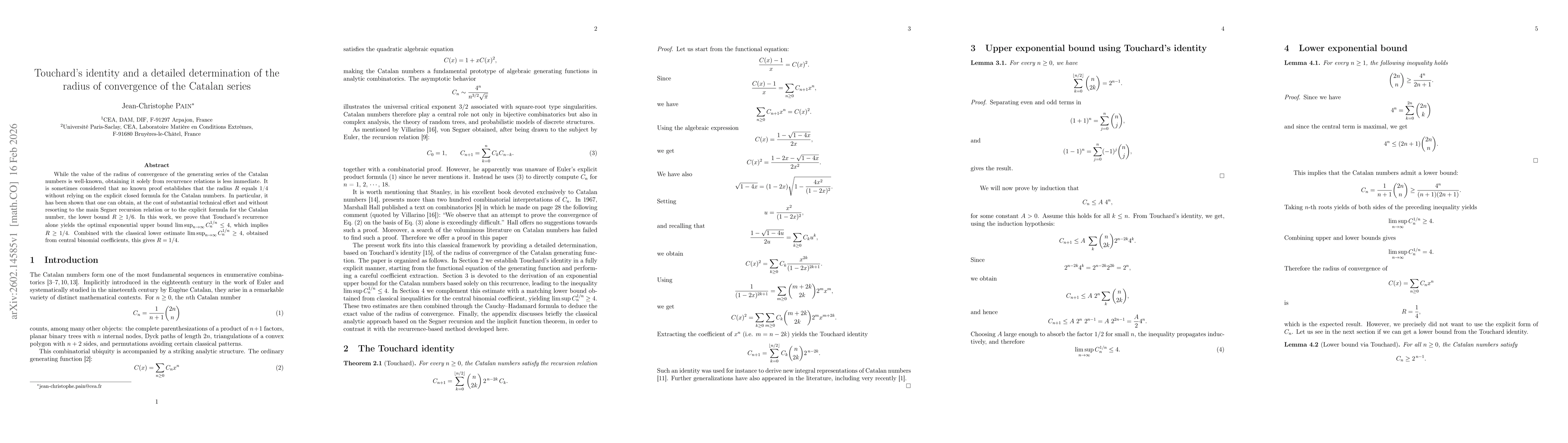 Thumbnail for Touchard's identity and a detailed determination of the radius of convergence of the Catalan series