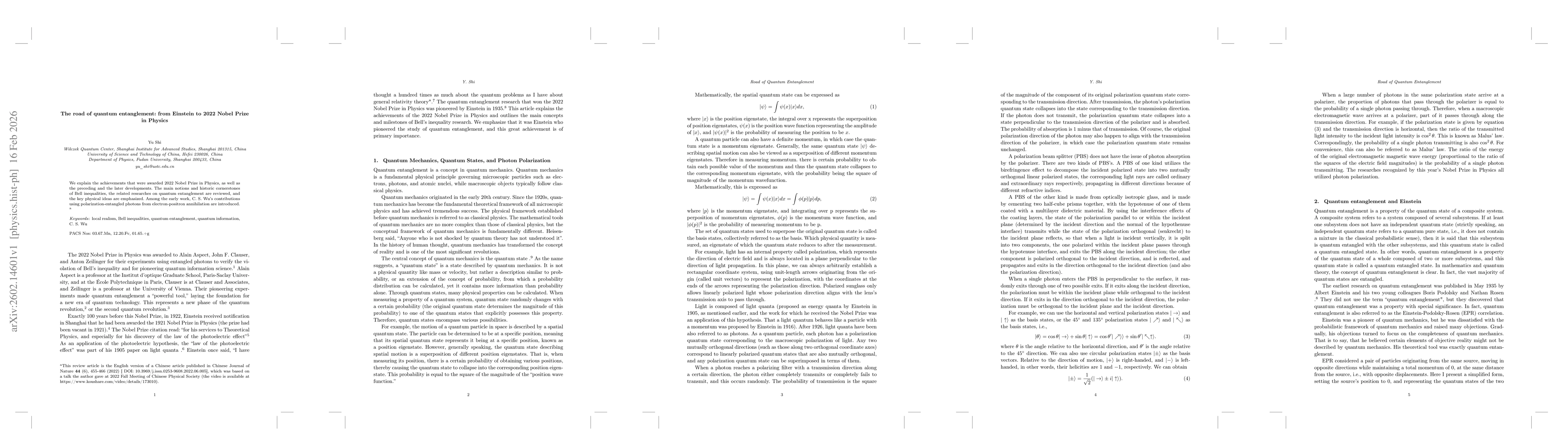 Thumbnail for The road of quantum entanglement: from Einstein to 2022 Nobel Prize in Physics