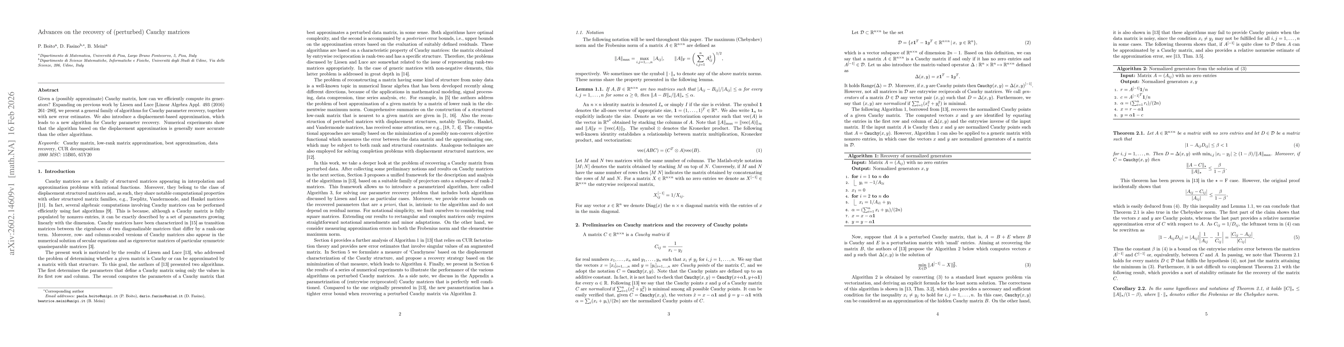 Thumbnail for Advances on the recovery of (perturbed) Cauchy matrices
