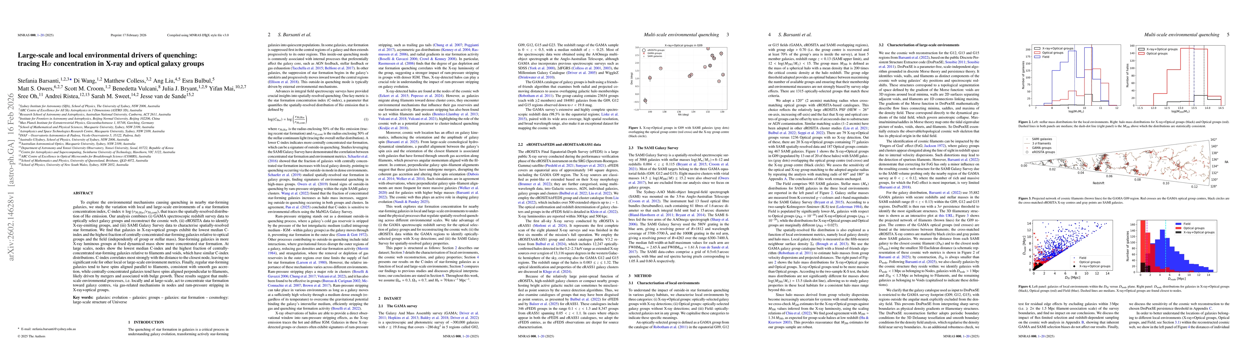 Thumbnail for Large-scale and local environmental drivers of quenching: tracing H$α$ concentration in X-ray and optical galaxy groups