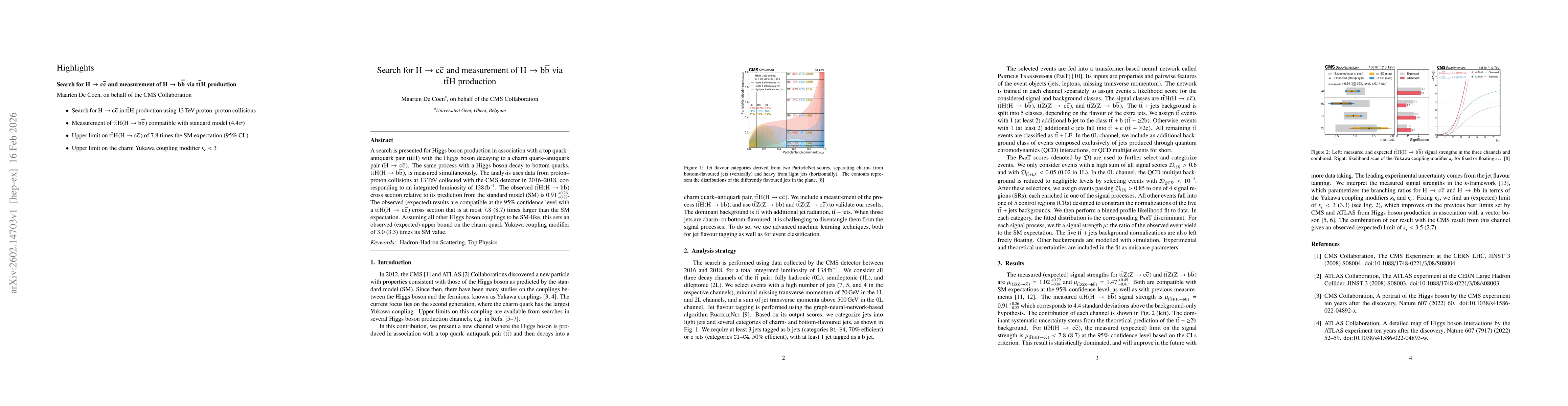 Thumbnail for Search for $H\rightarrow c\bar{c}$ and measurement of $H\rightarrow b\bar{b}$ via $t\bar{t}H$ production