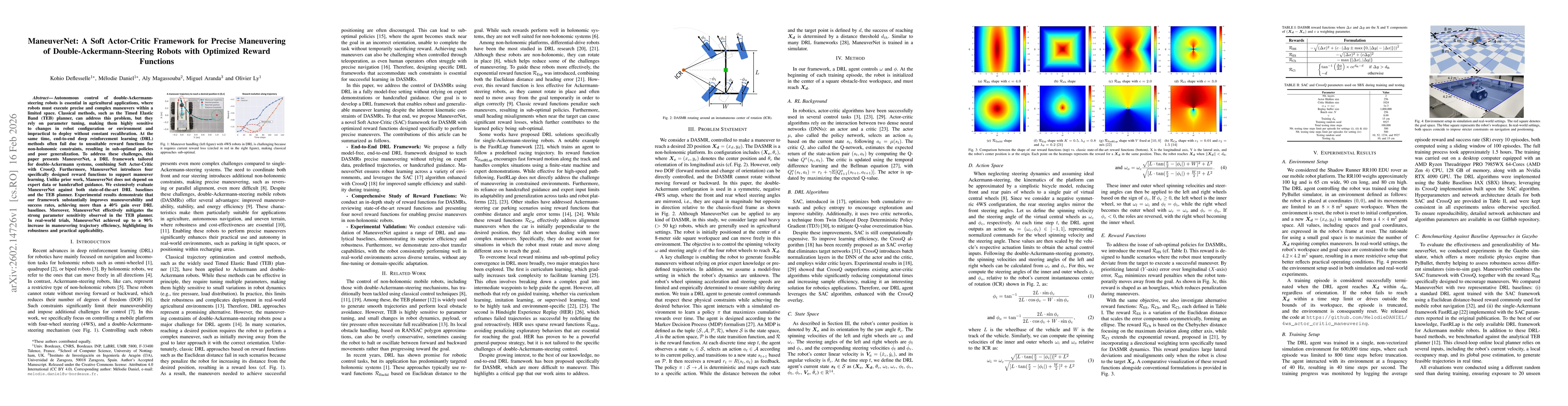 Thumbnail for ManeuverNet: A Soft Actor-Critic Framework for Precise Maneuvering of Double-Ackermann-Steering Robots with Optimized Reward Functions
