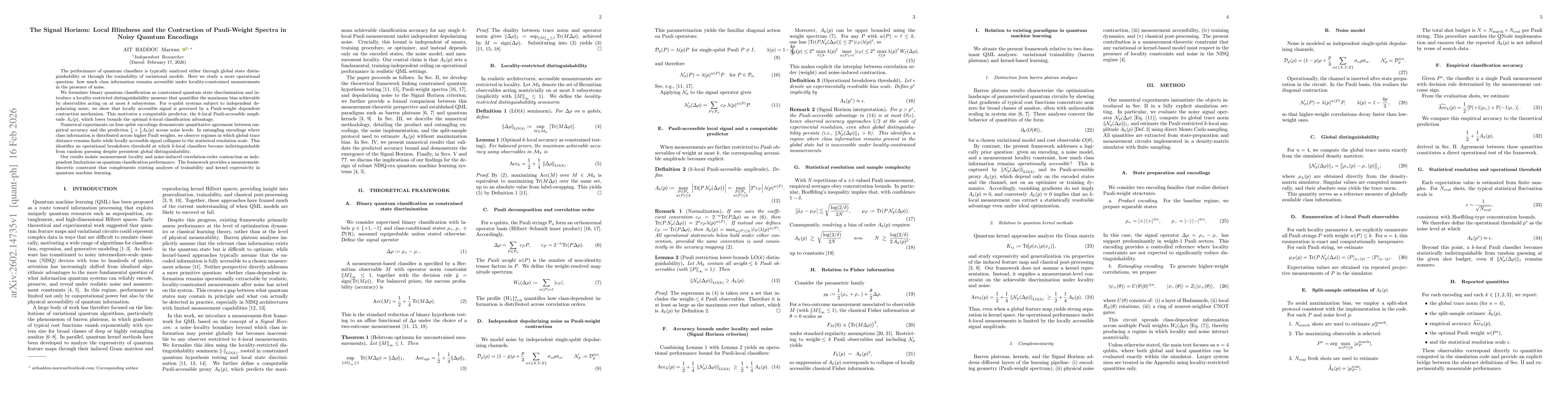 Thumbnail for The Signal Horizon: Local Blindness and the Contraction of Pauli-Weight Spectra in Noisy Quantum Encodings