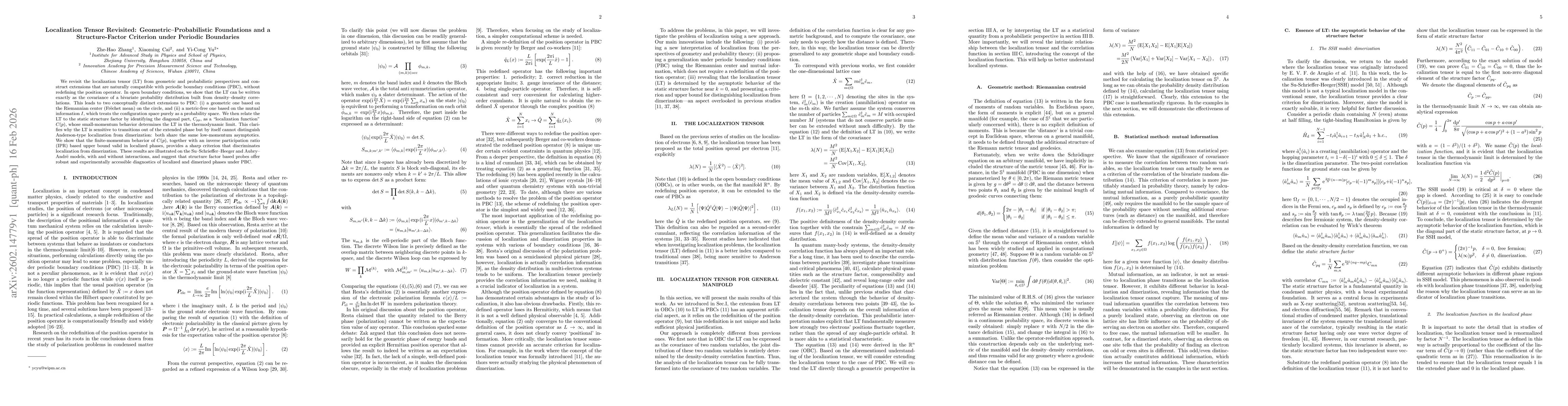 Thumbnail for Localization Tensor Revisited: Geometric-Probabilistic Foundations and a Structure-Factor Criterion under Periodic Boundaries