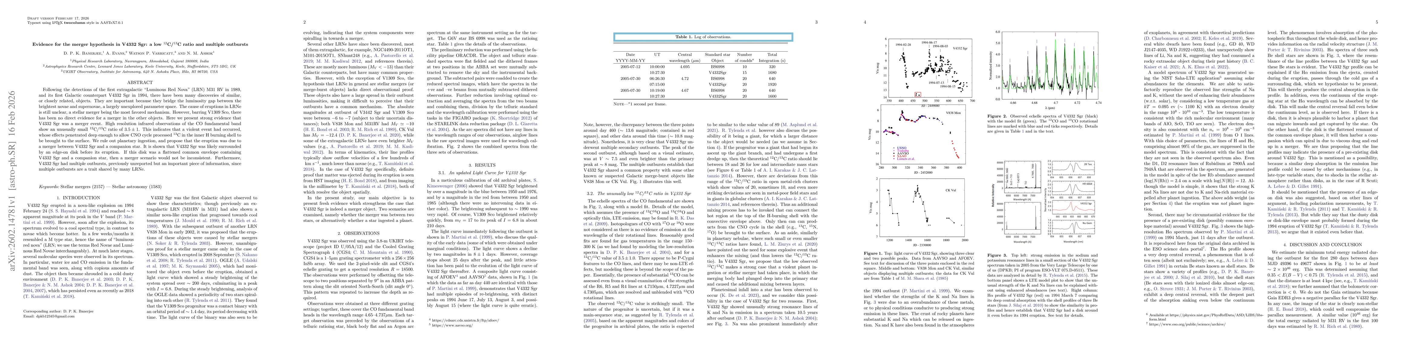 Thumbnail for Evidence for the merger hypothesis in V4332 Sgr: a low $^{12}$C/$^{13}$C ratio and multiple outbursts