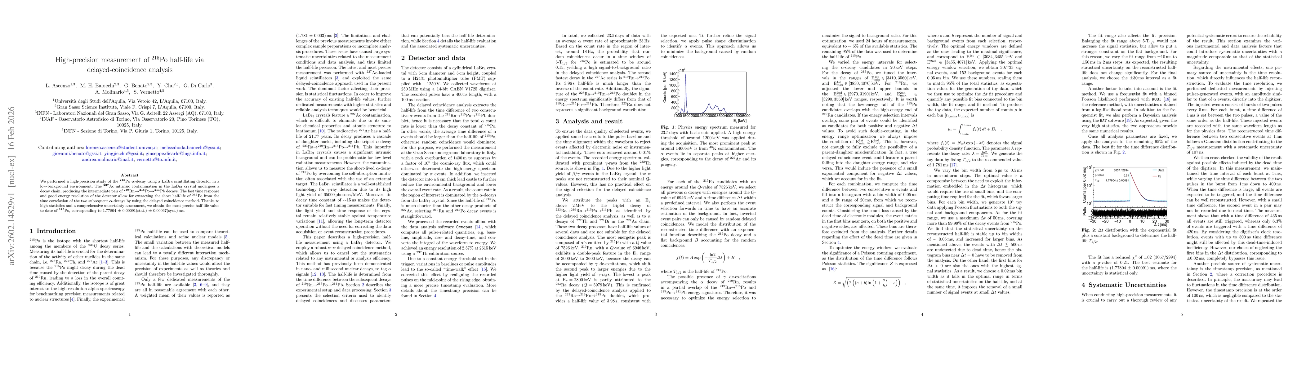 Thumbnail for High-precision measurement of $^{215}$Po half-life via delayed-coincidence analysis