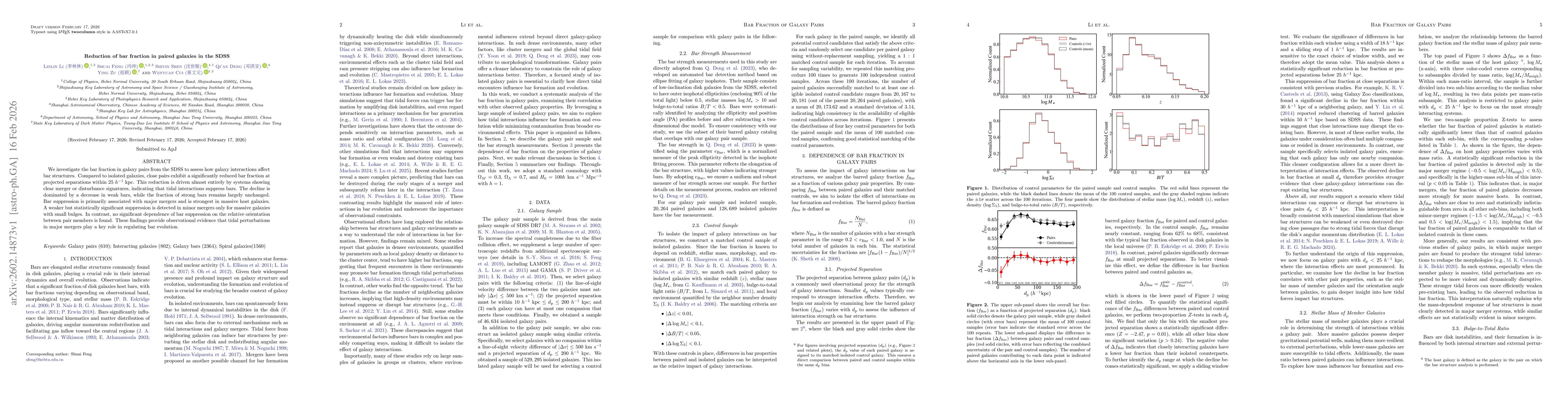 Thumbnail for Reduction of bar fraction in paired galaxies in the SDSS