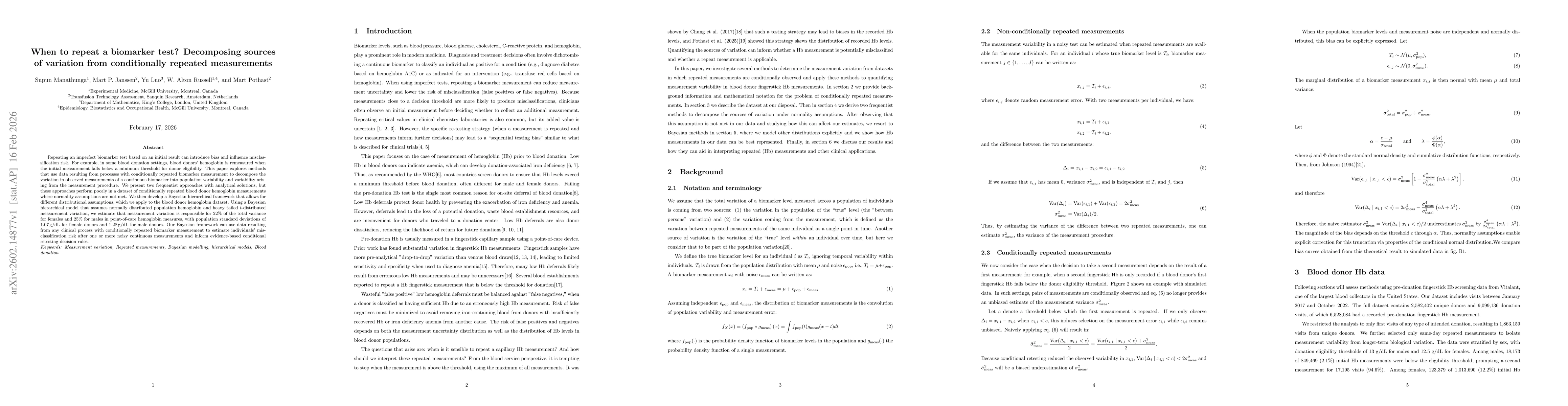 Thumbnail for When to repeat a biomarker test? Decomposing sources of variation from conditionally repeated measurements