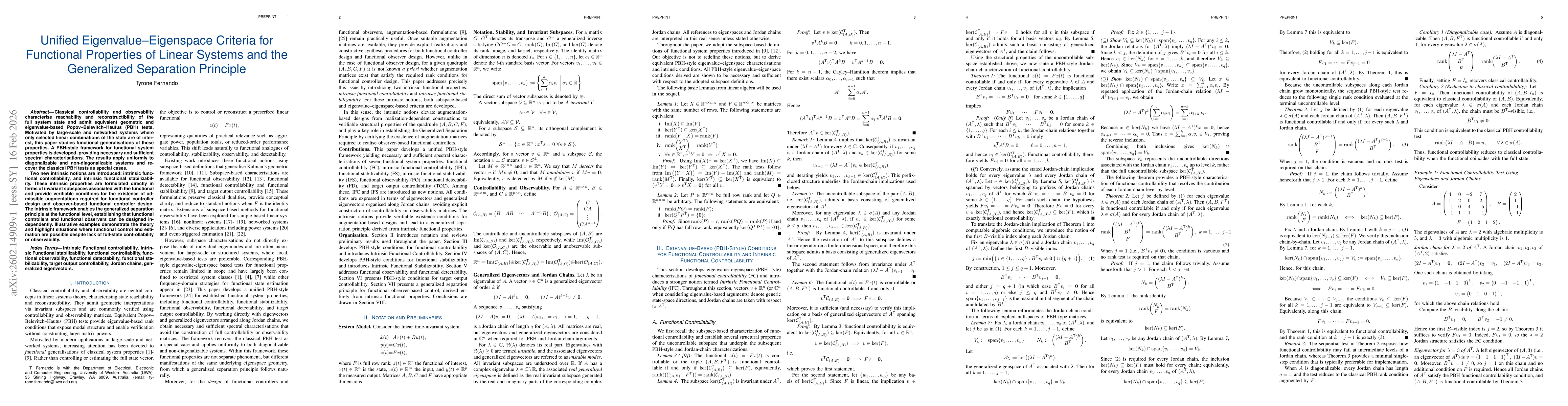Thumbnail for Unified Eigenvalue-Eigenspace Criteria for Functional Properties of Linear Systems and the Generalized Separation Principle